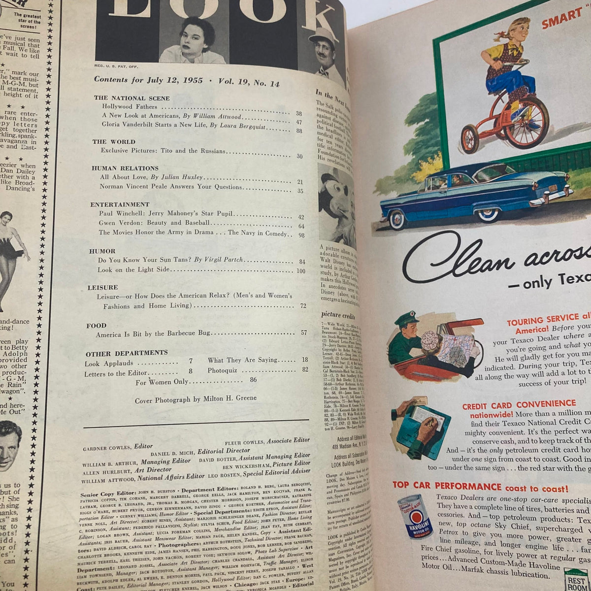 Contents page of VTG Look Magazine July 12 1955, Volume 19 No. 14 showcasing featured articles including 'All About Love' by Julian Huxley.