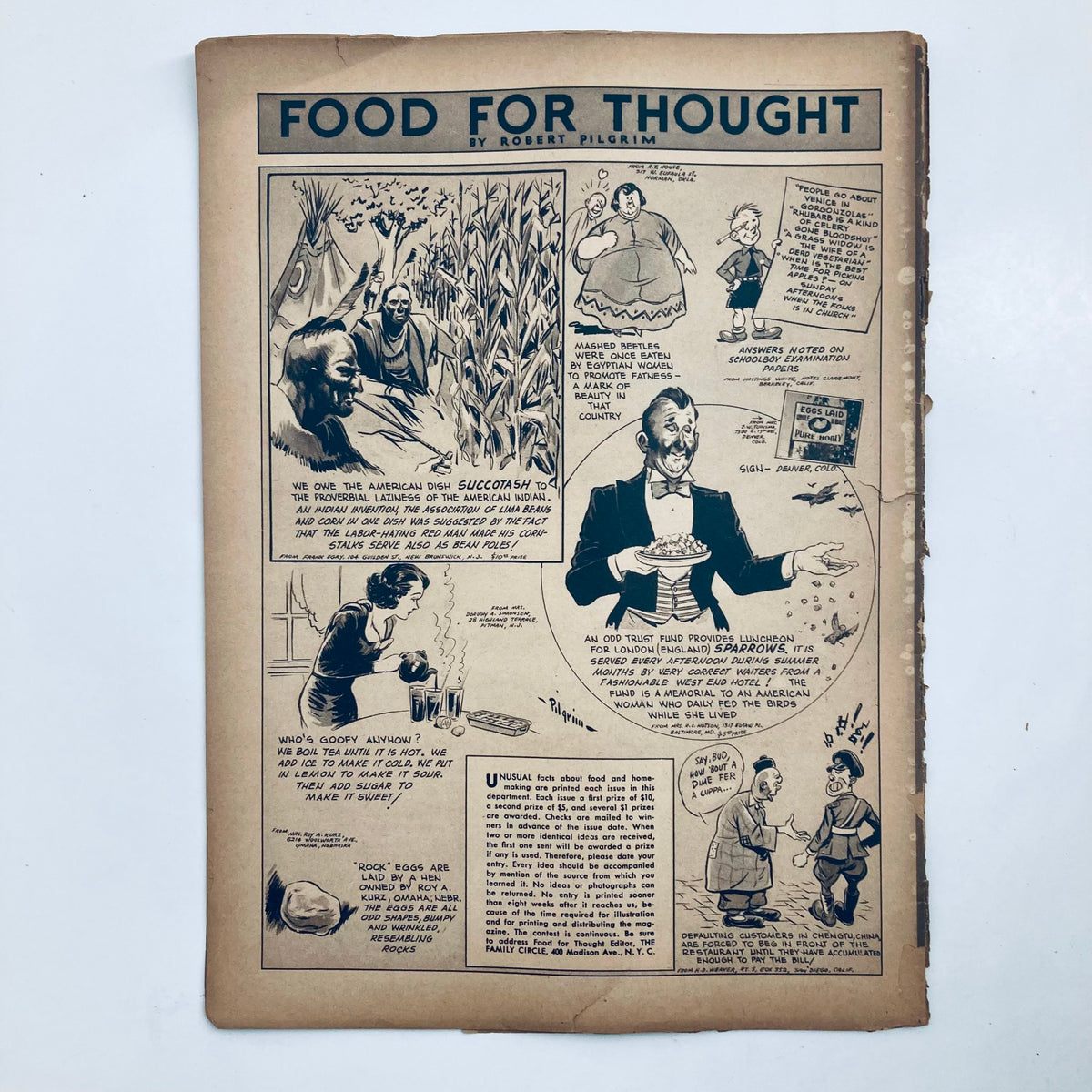 Cartoon page titled 'Food for Thought' from VTG The Family Circle Magazine, highlighting food and humorous takes, from November 19, 1937.