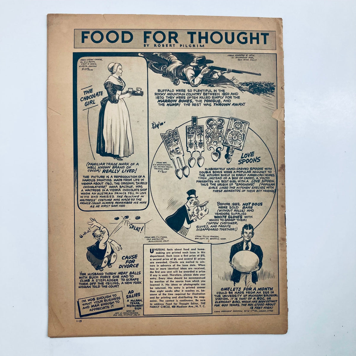 Another interior page from VTG The Family Circle Magazine January 19 1940 with a section titled 'Food For Thought' featuring vintage recipes and humor.
