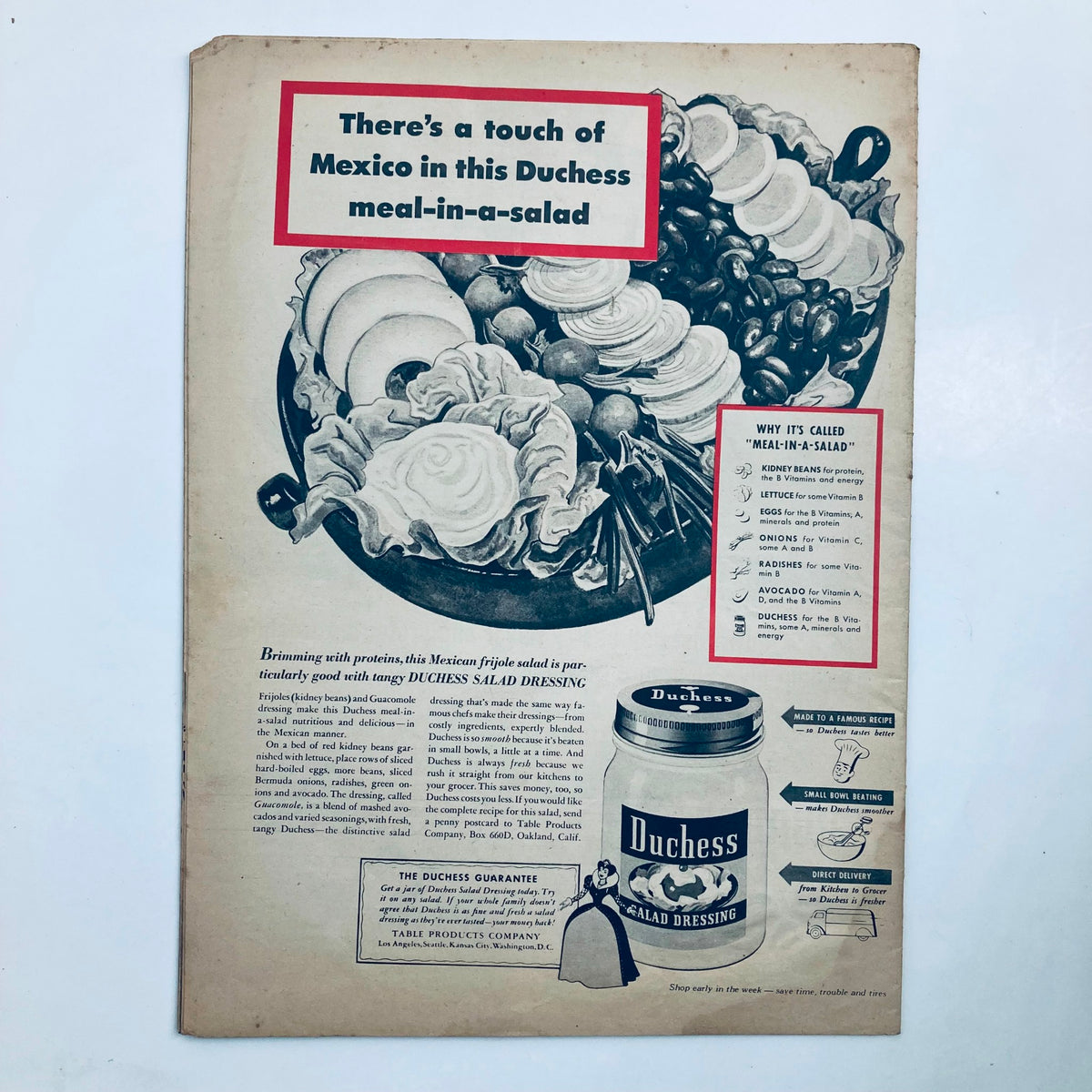 Vintage advertisement featuring Duchess Salad Dressing with a salad recipe, from The Family Circle Magazine April 23, 1943. The ad highlights ingredients like kidney beans, lettuce, and avocado, showcasing a meal-in-a-salad concept.