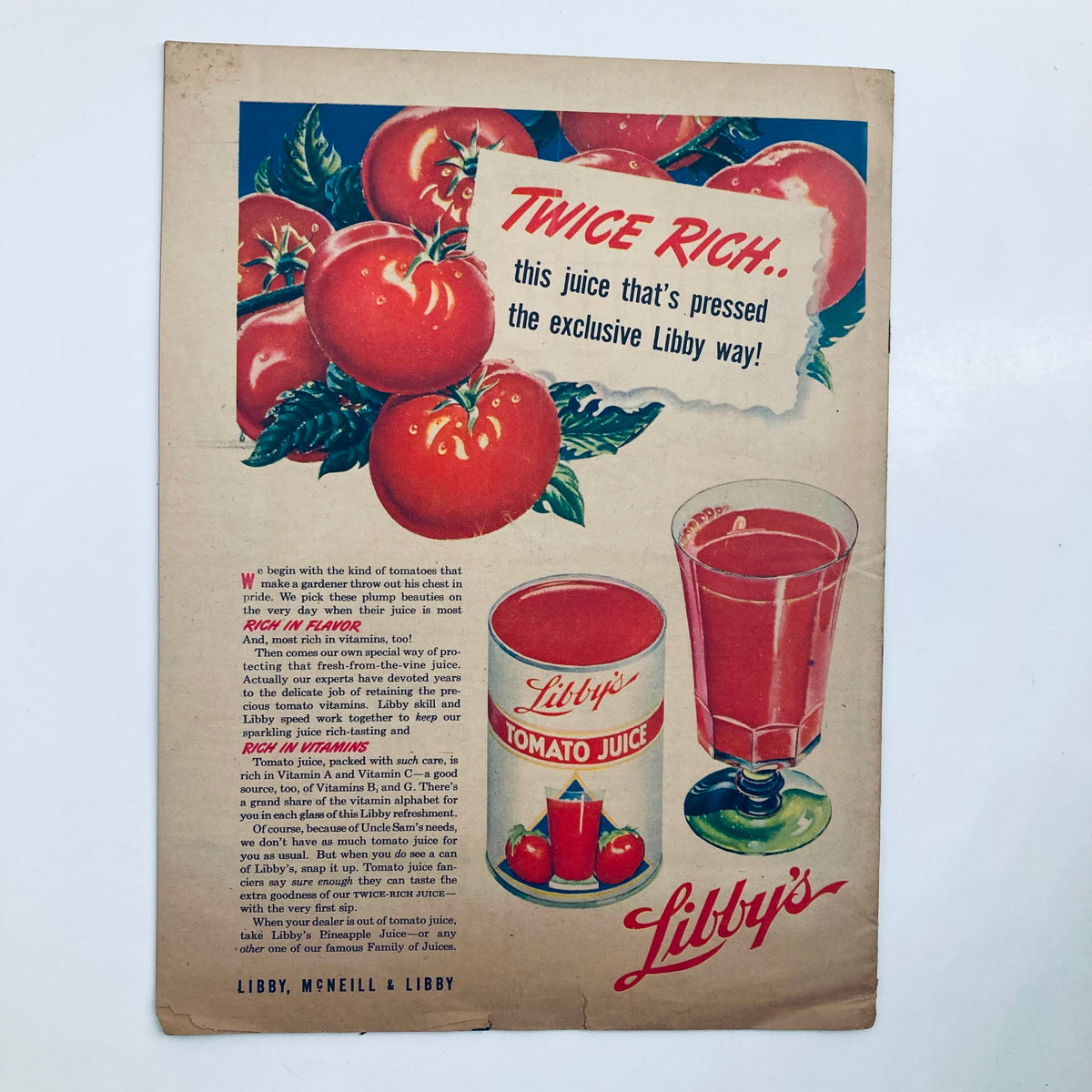 Ad page from VTG The Family Circle Magazine March 24, 1944, featuring Libby's Tomato Juice advertisement, illustrating vintage food branding.