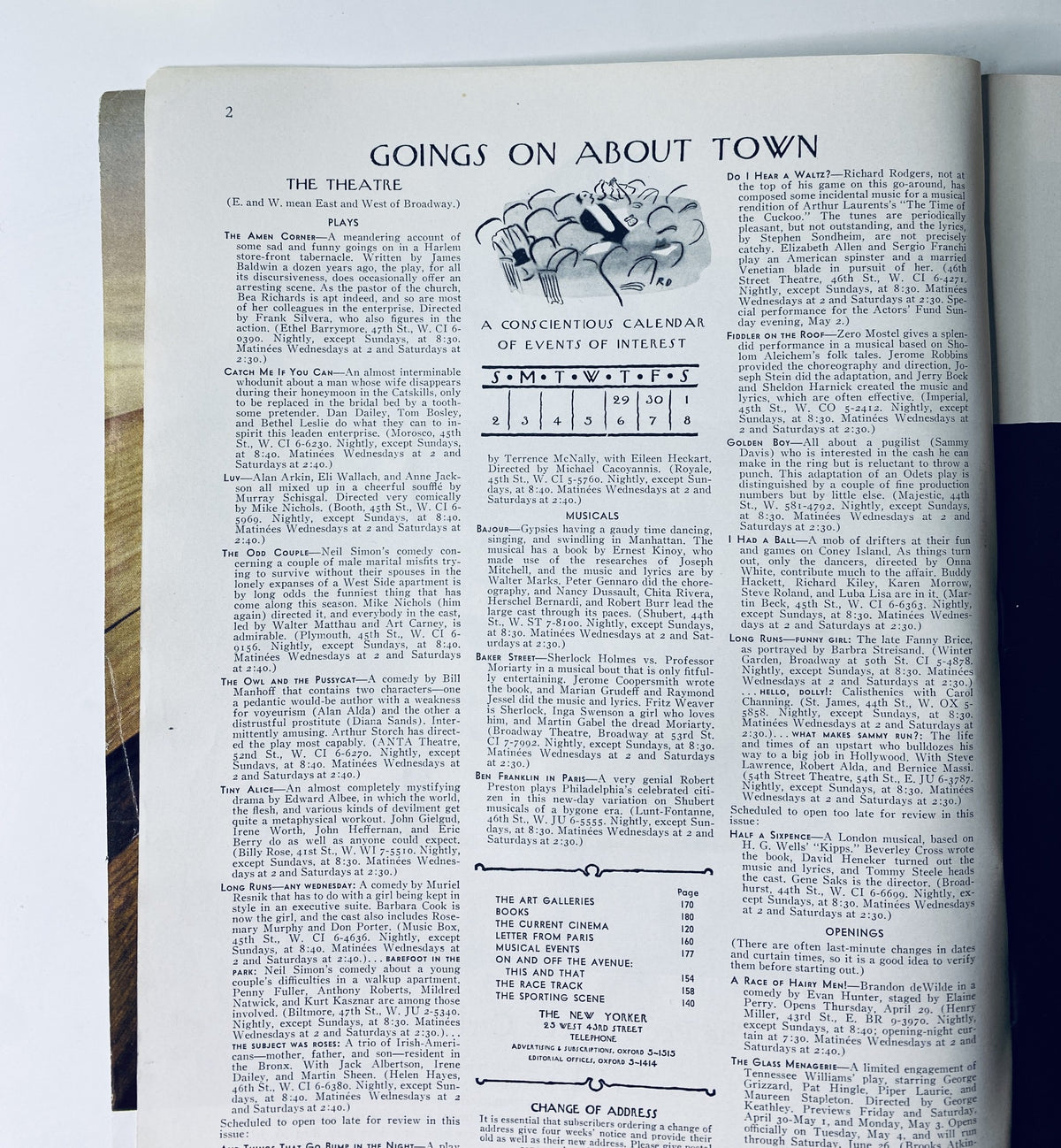 Goings on About Town page from The New Yorker Magazine May 1, 1965, featuring event listings and breaks down cultural activities in NYC.
