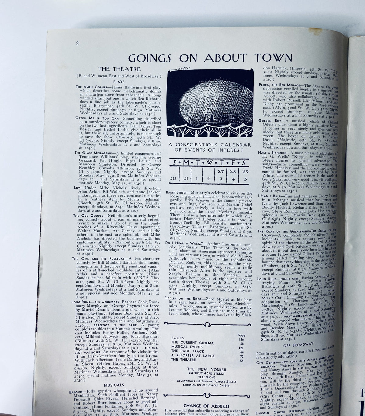 Interior page of The New Yorker Magazine, May 29, 1965, displaying the 'Goings On About Town' section with a calendar of events and various listings.