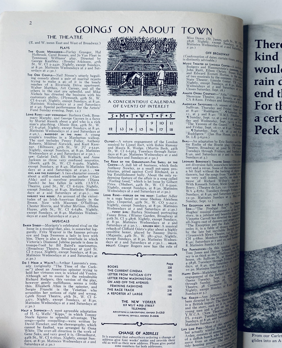 Interior page of The New Yorker Magazine September 11, 1965 showcasing the 'Goings On About Town' section with events and theater listings.