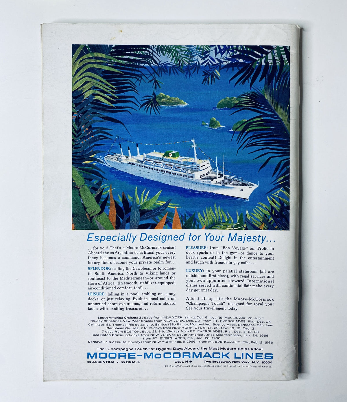 Back cover of The New Yorker Magazine September 11, 1965 promoting the Moore-McCormack Lines cruise with a colorful illustration of a ship at sea.