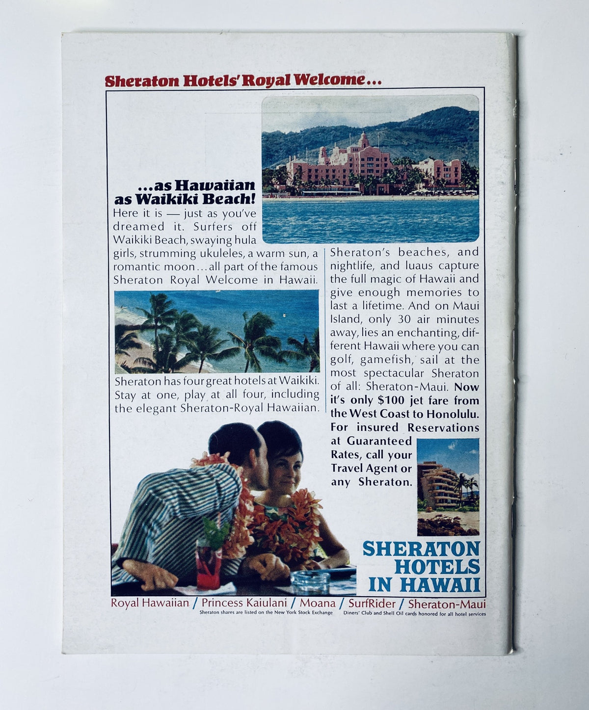 Promotional advertisement for Sheraton Hotels in Hawaii, featuring images of Waikiki Beach and the hotel's accommodations. The ad highlights stay options and activities available at Sheraton Royal Welcome in Hawaii. Related to The New Yorker Magazine January 8, 1966 Pigeon Mailbox Cover by Laura Jean Allen.