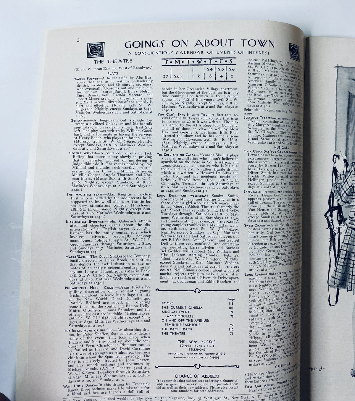 Inside page of The New Yorker Magazine February 26, 1966 featuring 'Goings On About Town' with a calendar of theatre events and articles, in very good condition with light edge wear.