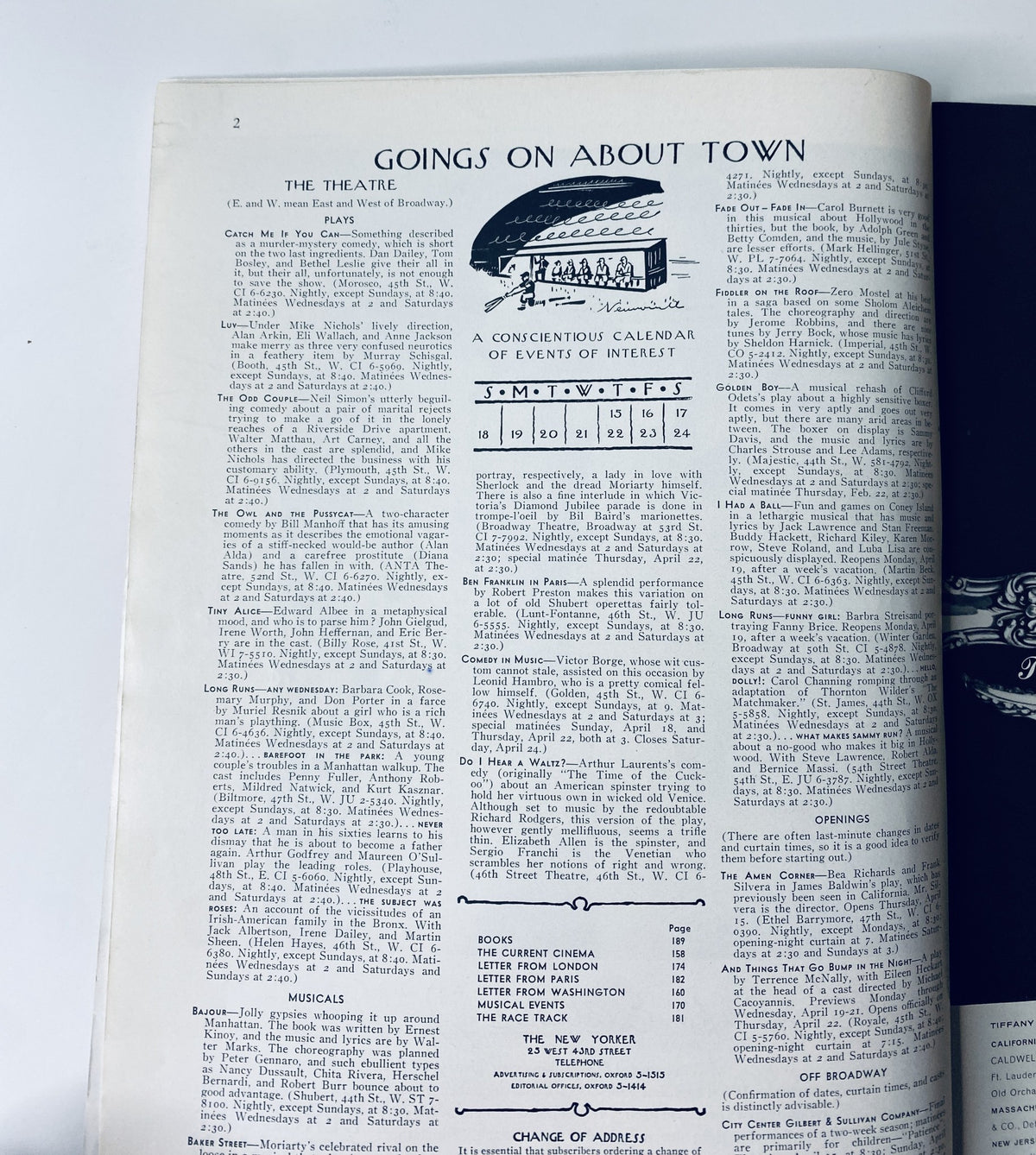 Inside page of The New Yorker Magazine April 17, 1965 featuring 'Goings On About Town' section, highlighting a calendar of events and cultural happenings in New York.