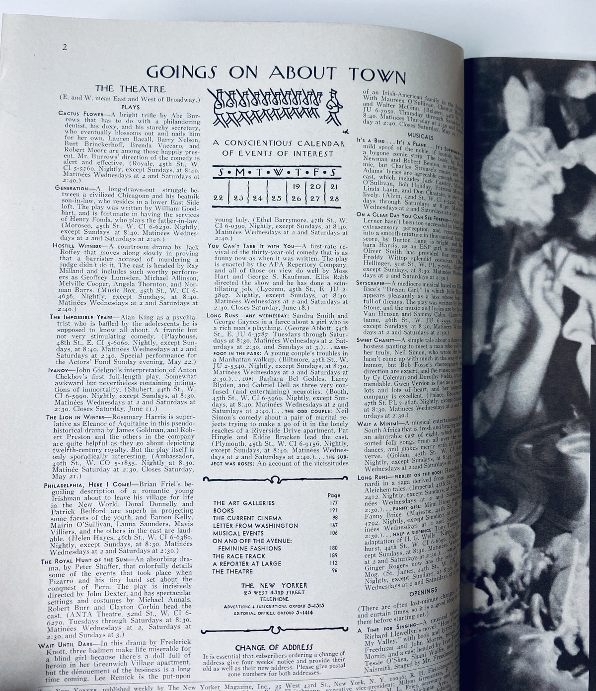 Inside page of The New Yorker Magazine May 21, 1966, showcasing the 'Goings On About Town' calendar and events section.