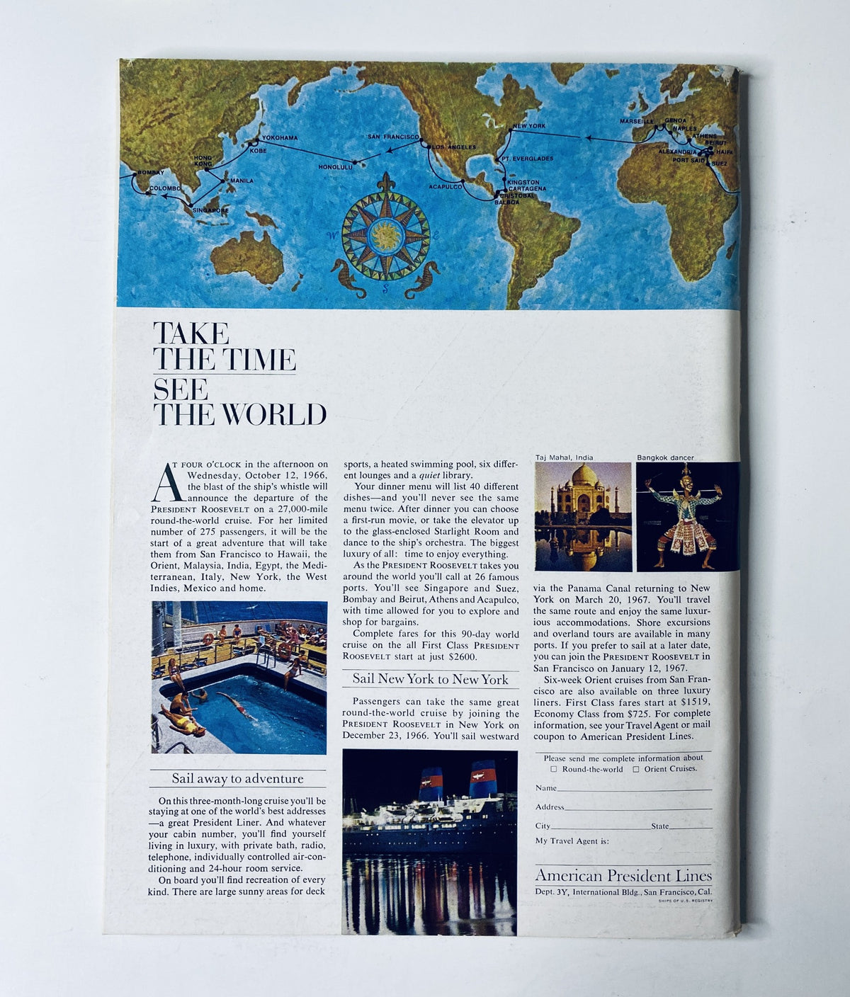 Back cover of The New Yorker Magazine May 21, 1966 featuring a world map and travel advertisement for American President Lines, highlighting travel opportunities from New York and promoting adventure at sea.