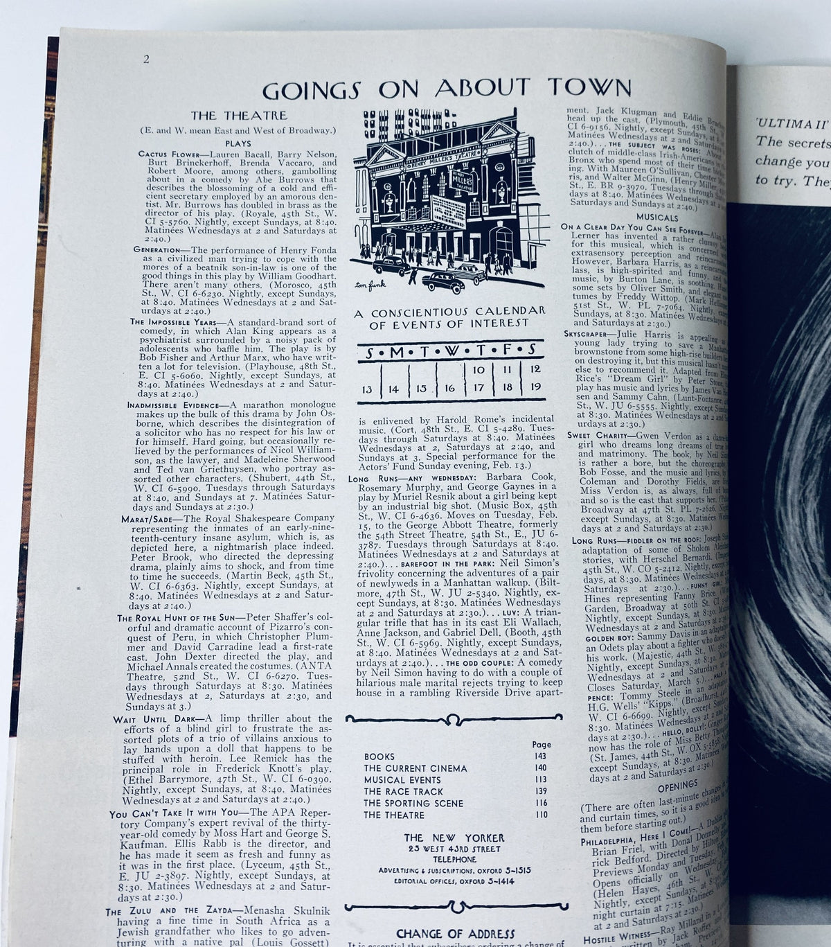 Interior page of The New Yorker Magazine February 12, 1966 detailing the 'Goings On About Town' section, featuring a calendar of events.