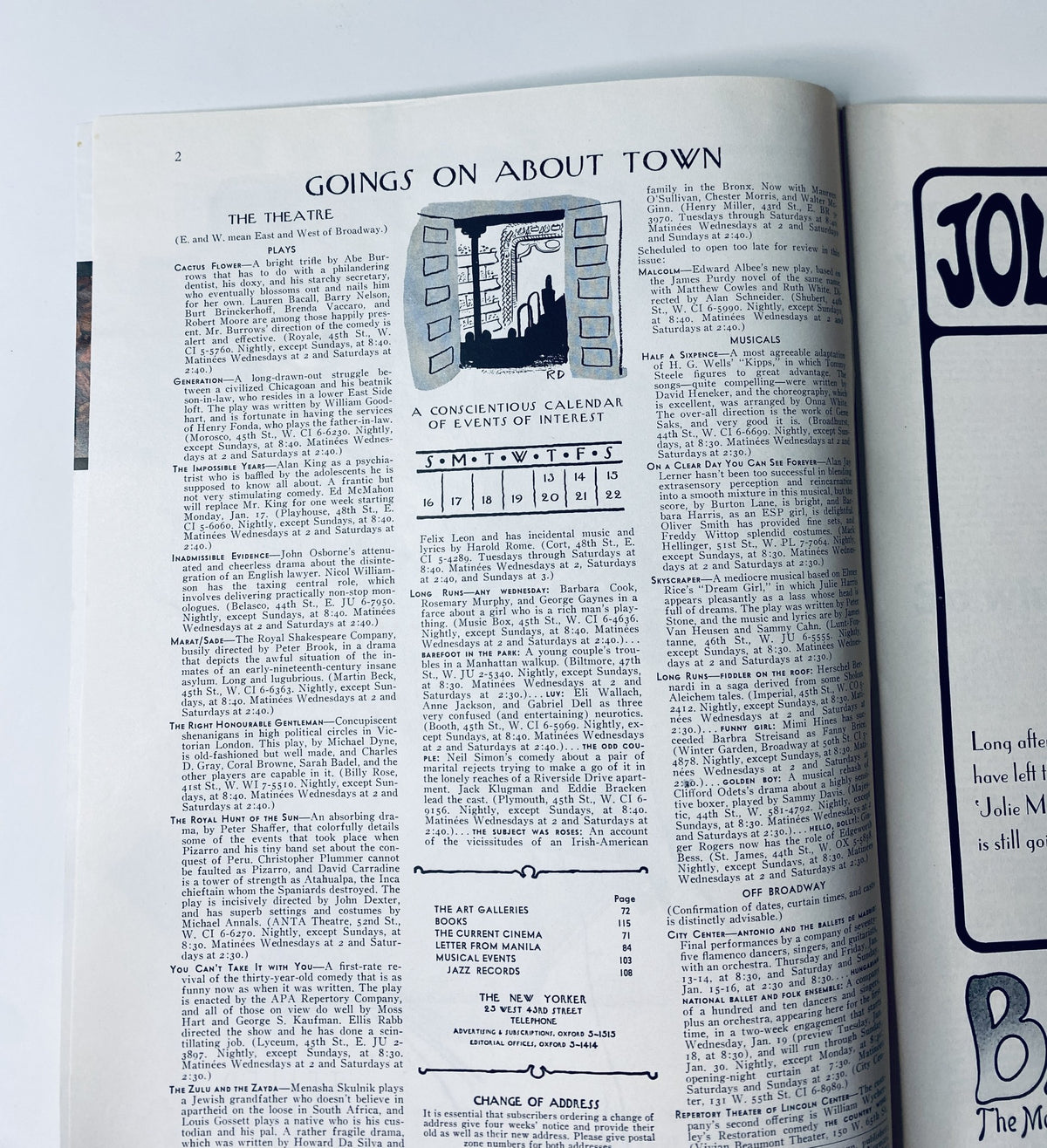 Page from The New Yorker Magazine January 15, 1966 showcasing the theatre listings and events, part of the Art Studio Painter cover by Charles Saxon.