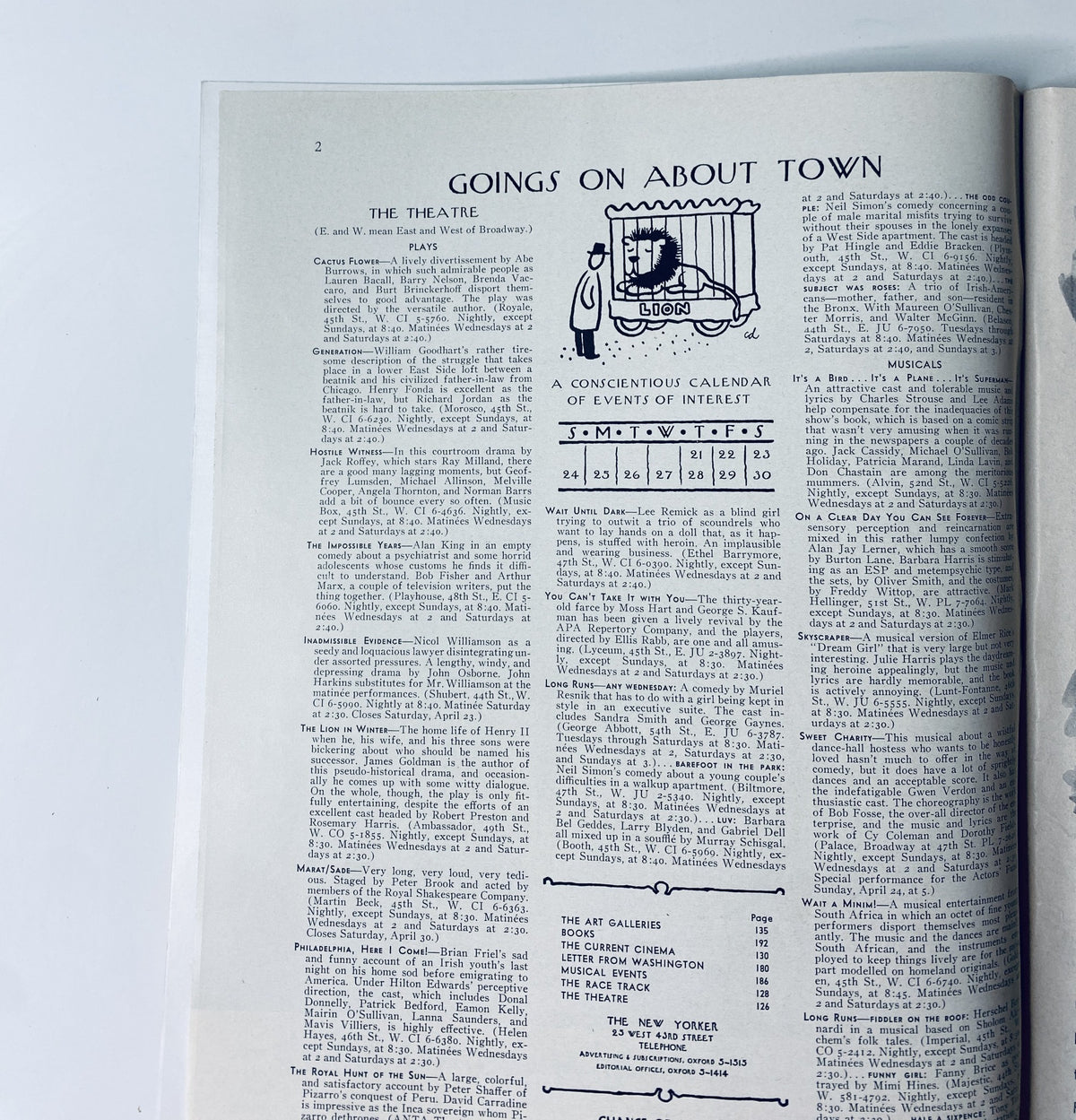 Interior page of The New Yorker Magazine April 23, 1966 showing the 'Goings on About Town' section and events calendar.