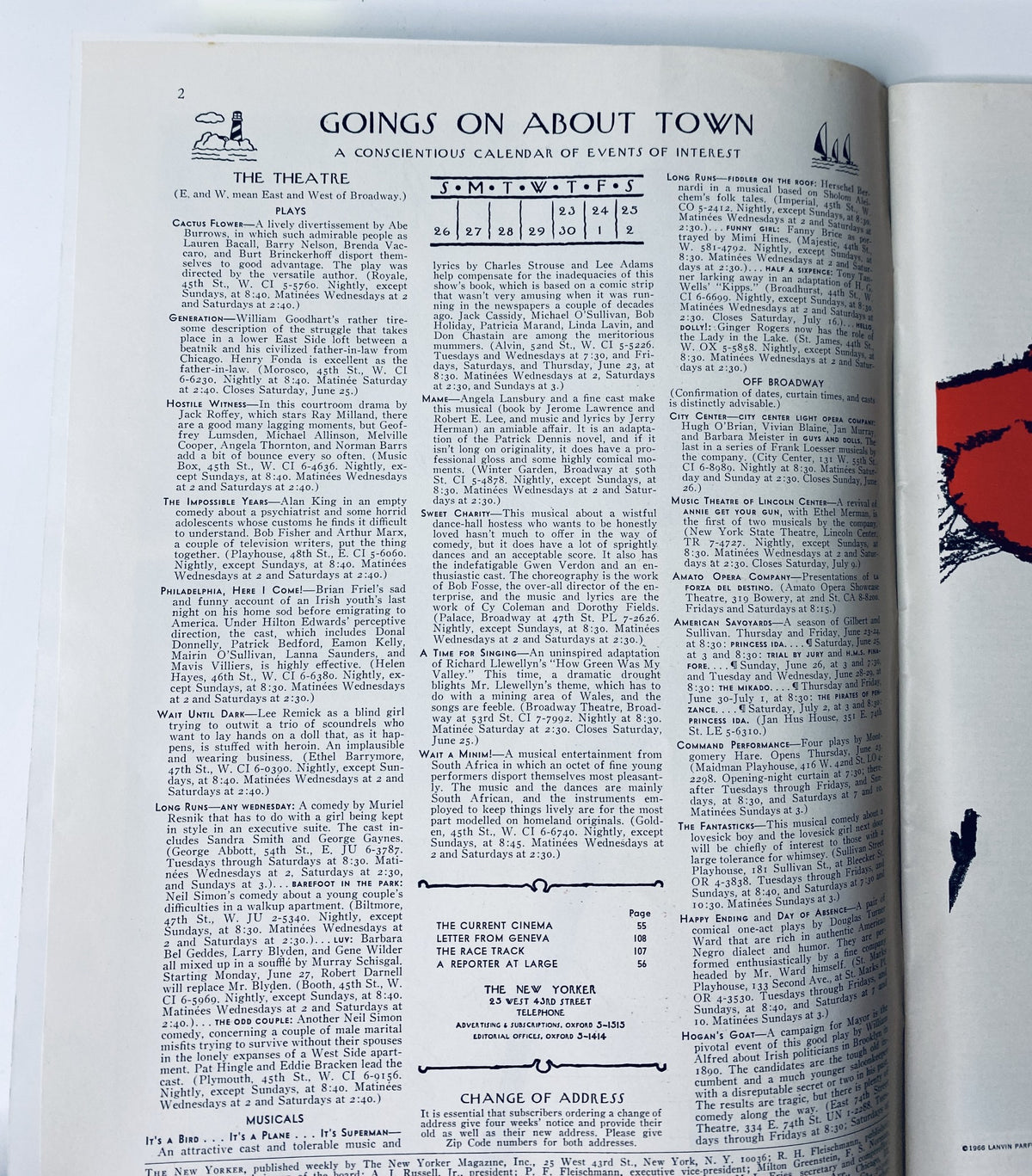 Inside page from The New Yorker Magazine June 25, 1966 featuring 'Goings On About Town' calendar and advertisements.