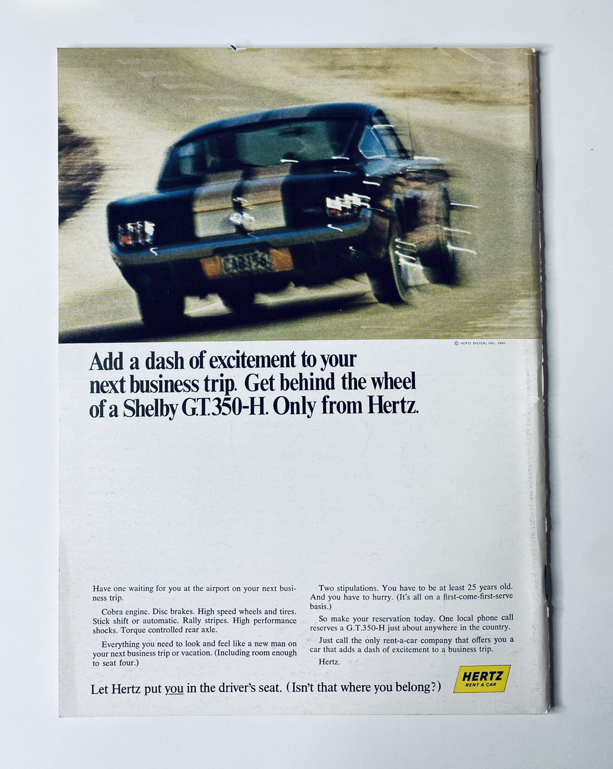 Advertisement in The New Yorker Magazine June 25, 1966 promoting excitement in business trips with a Shelby GT350-H vehicle from Hertz.