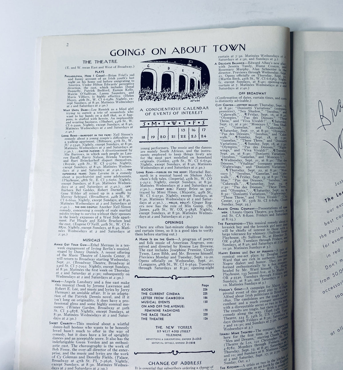 Interior page of The New Yorker Magazine from September 17, 1966, displaying the 'Goings On About Town' section, a calendar of events and cultural happenings.