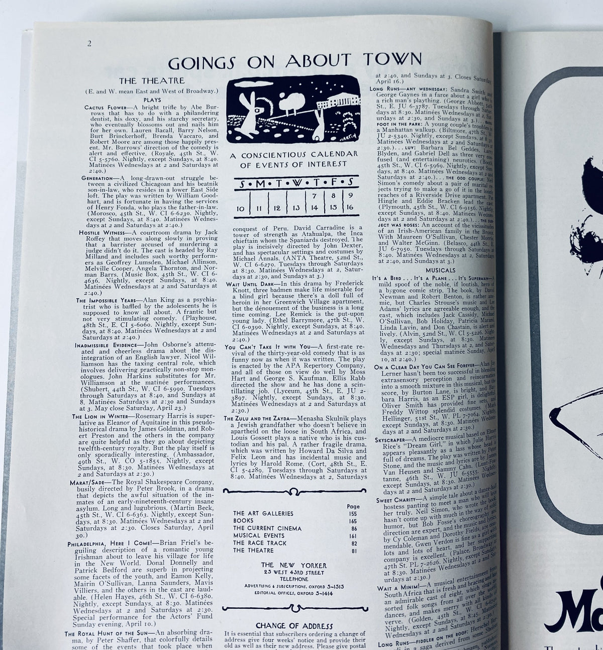 An interior page of The New Yorker Magazine from April 9, 1966, showcasing listings for theater events under the 'Goings On About Town' section.
