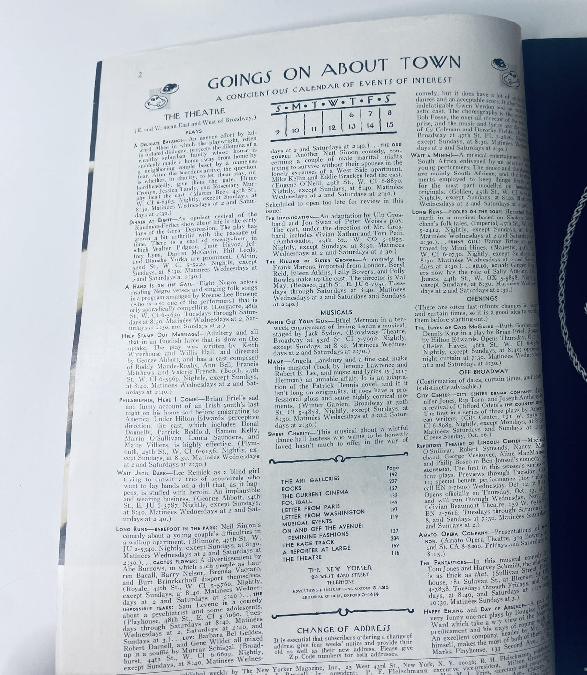 Inside page of The New Yorker Magazine from October 8, 1966, displaying the 'Goings On About Town' section, with a list of events and cultural happenings of interest for that week.