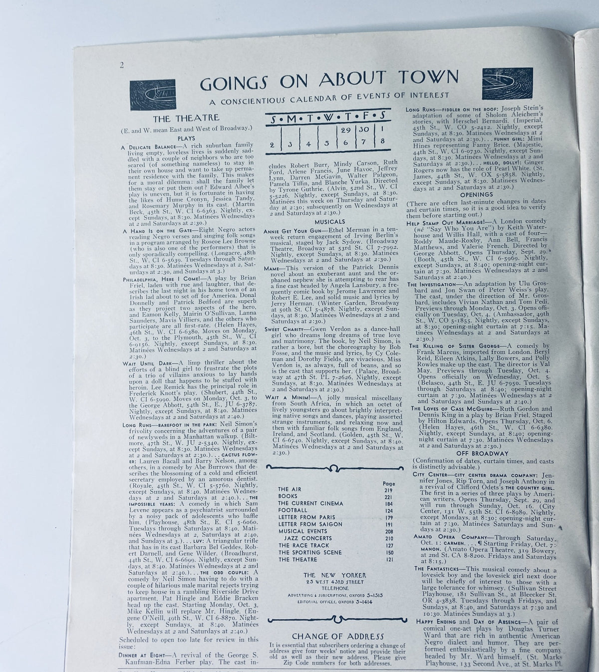 Interior page from The New Yorker Magazine October 1, 1966, showcasing the 'Goings On About Town' section with a calendar of events and listings for cultural happenings.