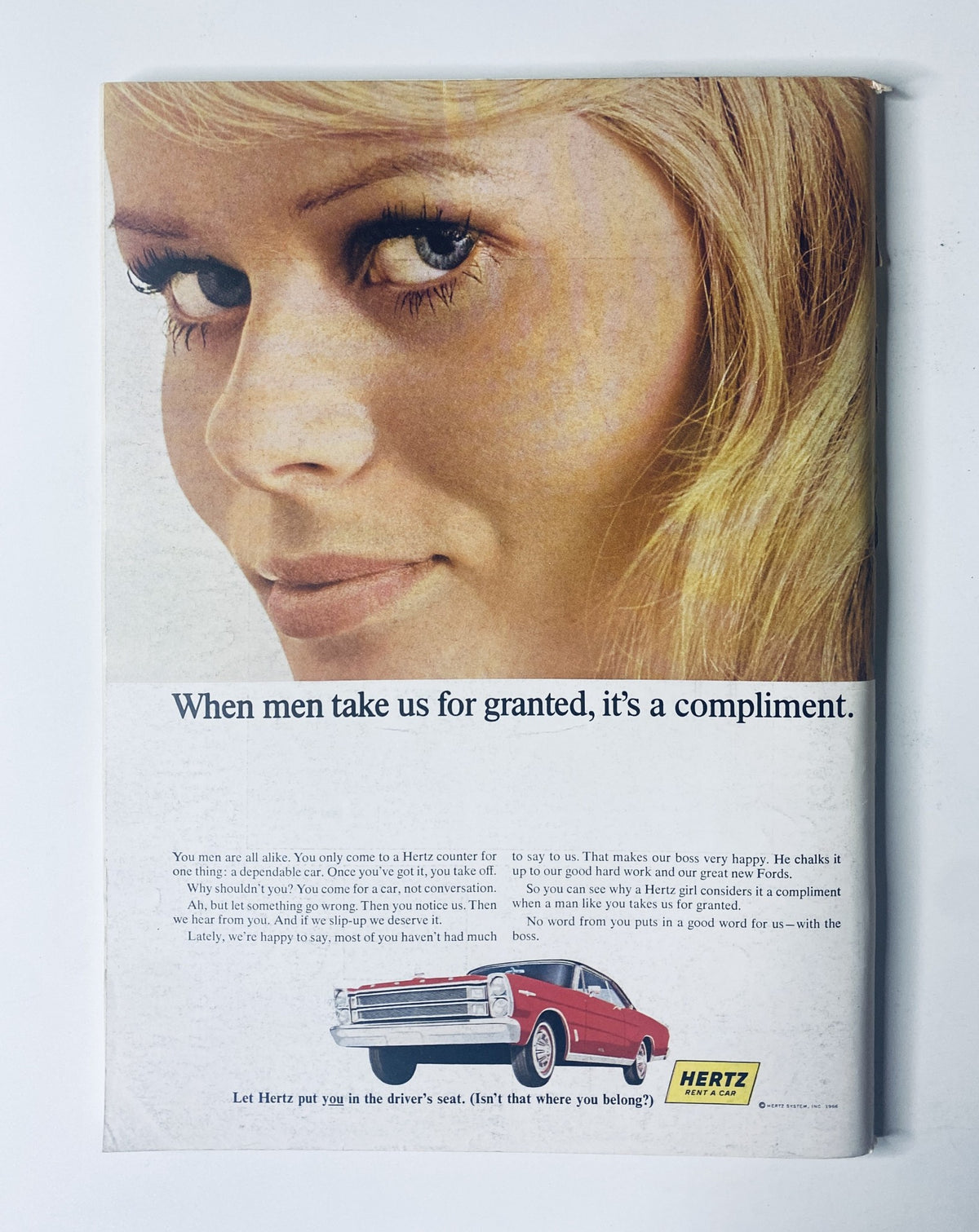 Advertisement from The New Yorker Magazine October 1, 1966, featuring a close-up image of a woman with the tagline 'When men take us for granted, it’s a compliment' promoting Hertz.