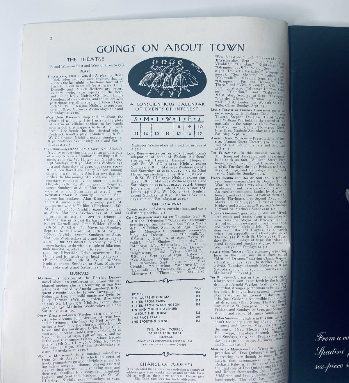 Interior page of The New Yorker Magazine September 10, 1966, displaying the 'Goings On About Town' section with a calendar of events and listings.