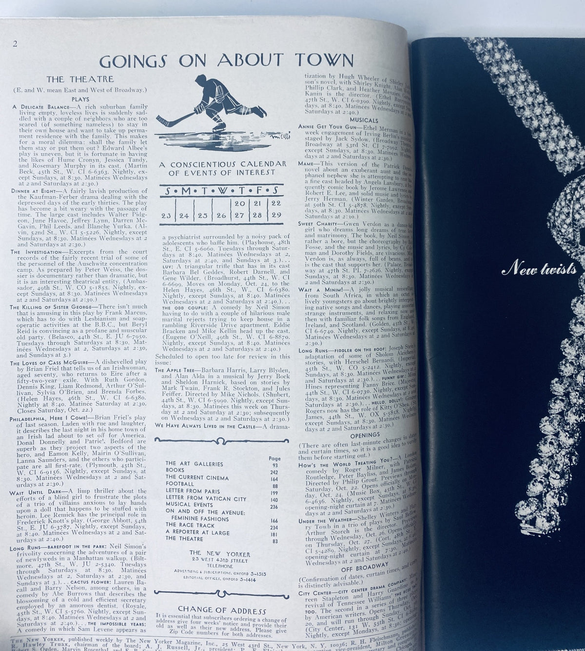 Inside page from The New Yorker Magazine, October 22, 1966, displaying an article titled 'Goings on About Town' alongside a lavish advertisement for jewelry.