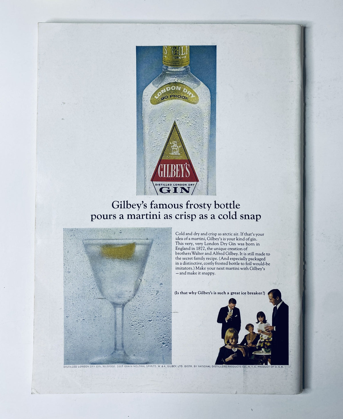 Advert for Gilbey's Gin from The New Yorker Magazine April 2, 1966 featuring the frosty bottle of gin and a refreshing martini, promoting its crisp taste.
