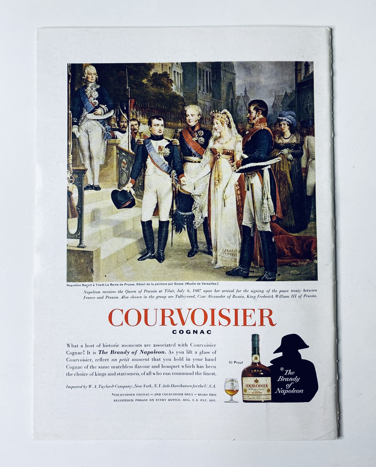 Advertisement for Courvoisier Cognac featured in The New Yorker Magazine January 1, 1966, showcasing historical figures and promotional text.