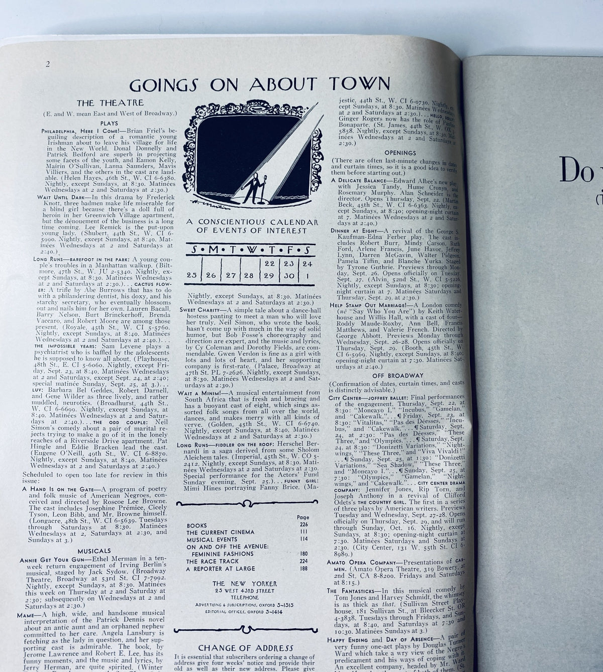 Inside page of The New Yorker Magazine September 24, 1966 showcasing the 'Goings On About Town' section, detailing upcoming theatrical events and cultural happenings.