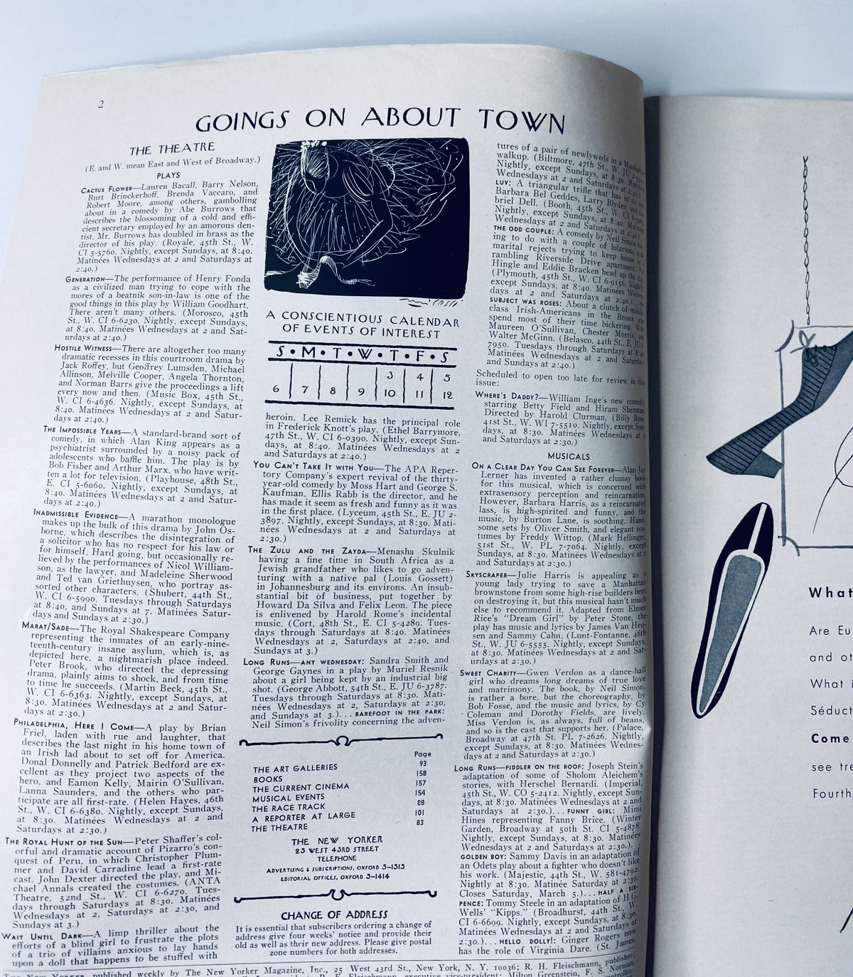 Inside page of The New Yorker Magazine March 5, 1966, showcasing the 'Goings on About Town' section detailing various events, with a focus on the theatre.