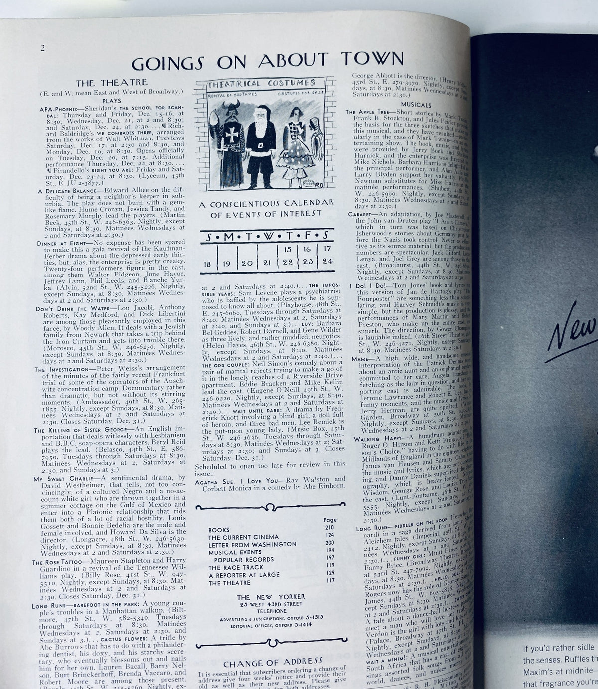 Inside page of The New Yorker Magazine December 17, 1966 with a calendar of theatrical events and happenings in New York City.