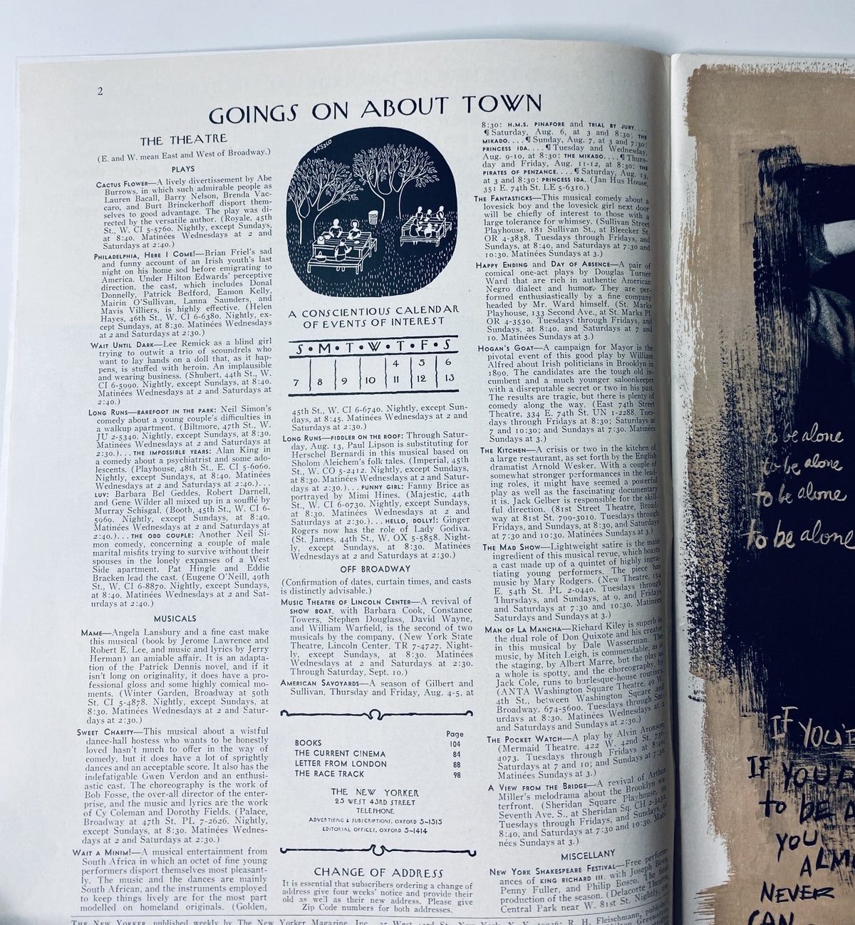 Goings On About Town section from The New Yorker Magazine August 6, 1966 featuring events and listings.