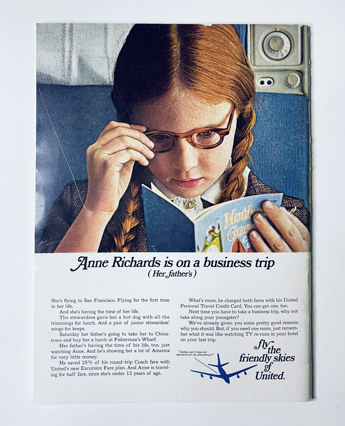 Advertisement for United Airlines featuring Anne Richards reading a book, published in The New Yorker Magazine August 6, 1966.