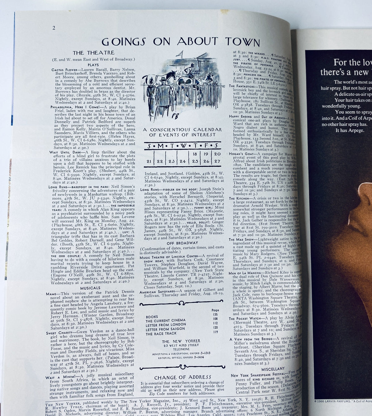 Interior page from The New Yorker Magazine August 20, 1966 displaying the ‘Goings On About Town’ section, featuring a calendar of events, highlighting cultural happenings.