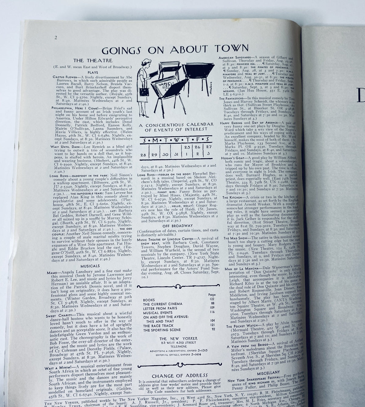 Interior page of The New Yorker magazine dated August 27, 1966, displaying events calendar titled 'Goings On About Town'.