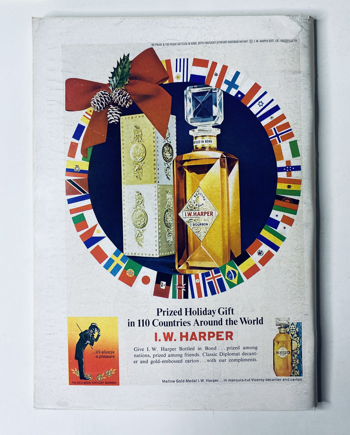 Back cover of The New Yorker Magazine November 19, 1966 featuring an advertisement for I.W. Harper whiskey, highlighting its global presence with flags from 110 countries.