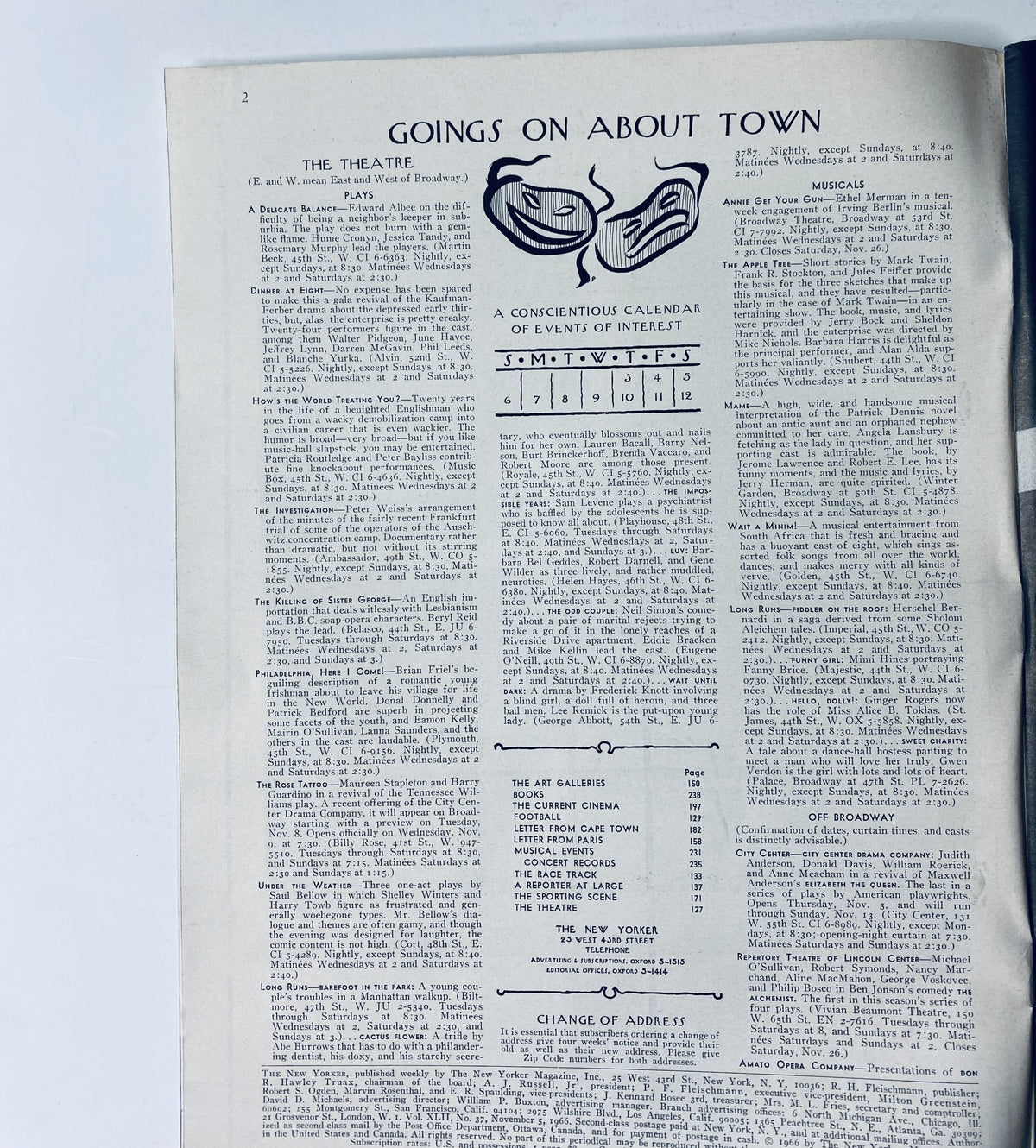 The New Yorker Magazine November 5, 1966 Goings On About Town page featuring theatrical events and activities. Includes a column detailing upcoming performances and events of interest.