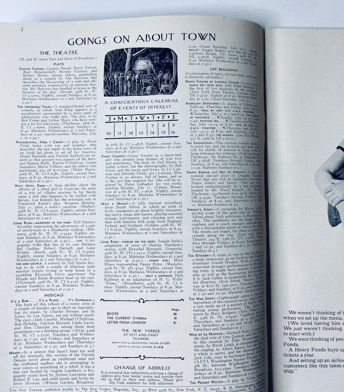 Interior page from The New Yorker Magazine July 9, 1966, displaying the 'Goings On About Town' section, featuring listings and events of interest for the week.