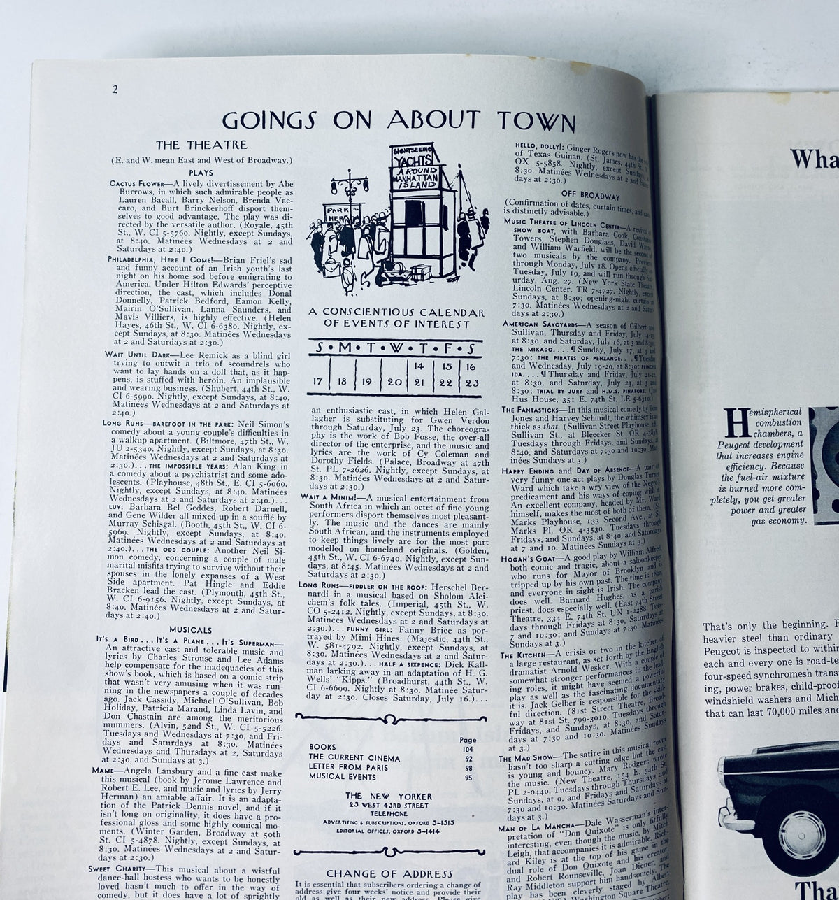 Interior page of The New Yorker Magazine July 16, 1966, displaying the 'Goings On About Town' section, highlighting various theatrical events and plays.