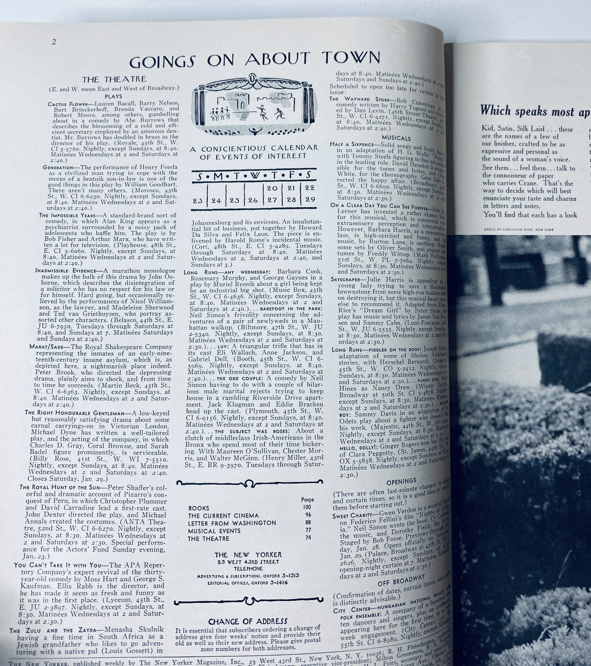 Inside page from The New Yorker Magazine January 22, 1966 featuring the 'GOINGS ON ABOUT TOWN' section, showcasing events and reviews.