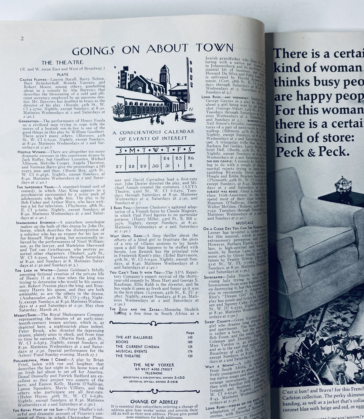Interior page from The New Yorker magazine March 26, 1966, featuring the 'Goings On About Town' section, highlighting events of interest in New York City, printed in a classic serif font.