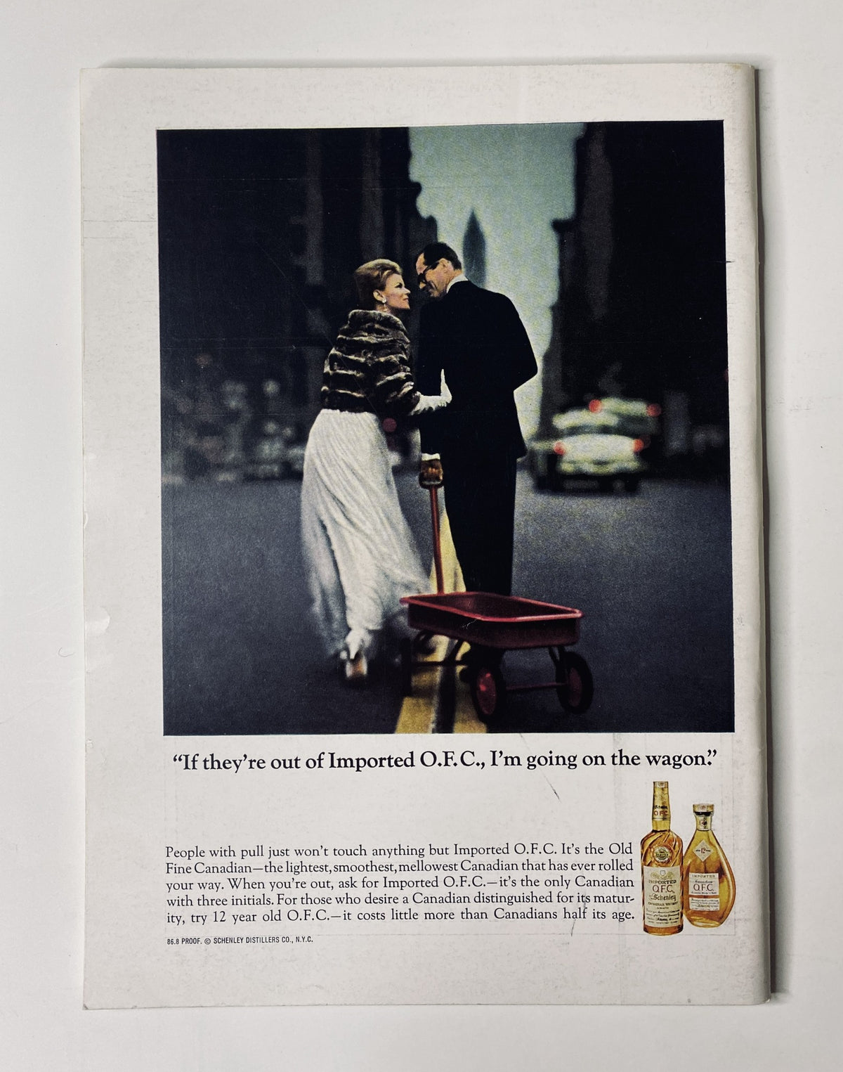 Vintage advertisement from The New Yorker Magazine, June 4, 1966, featuring a couple in an urban setting, with the quote: 'If they're out of Imported O.F.C., I'm going on the wagon.' The image captures a classic moment, relevant to the iconic Peacock Pig cover issue.