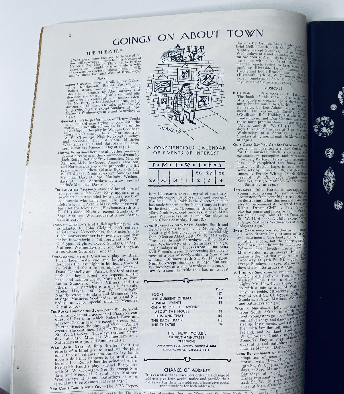 Inside page of The New Yorker Magazine May 28, 1966, titled 'Goings On About Town', featuring a calendar of events including theatre listings and other cultural happenings.