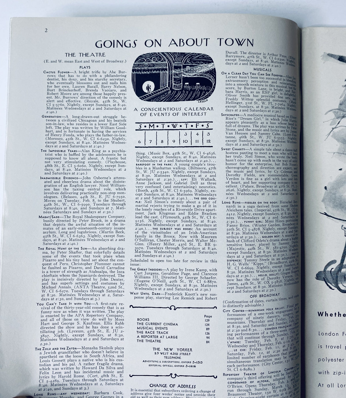 Page from The New Yorker Magazine February 5, 1966 titled 'Goings On About Town', showcasing a calendar of events in New York City.