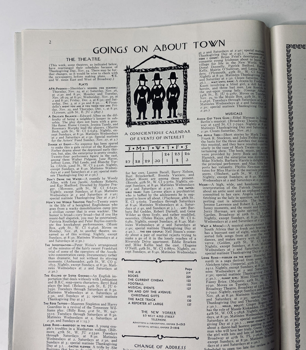 Interior page of The New Yorker Magazine November 26, 1966, showing a Calendar of Events and listings, highlighting cultural happenings.