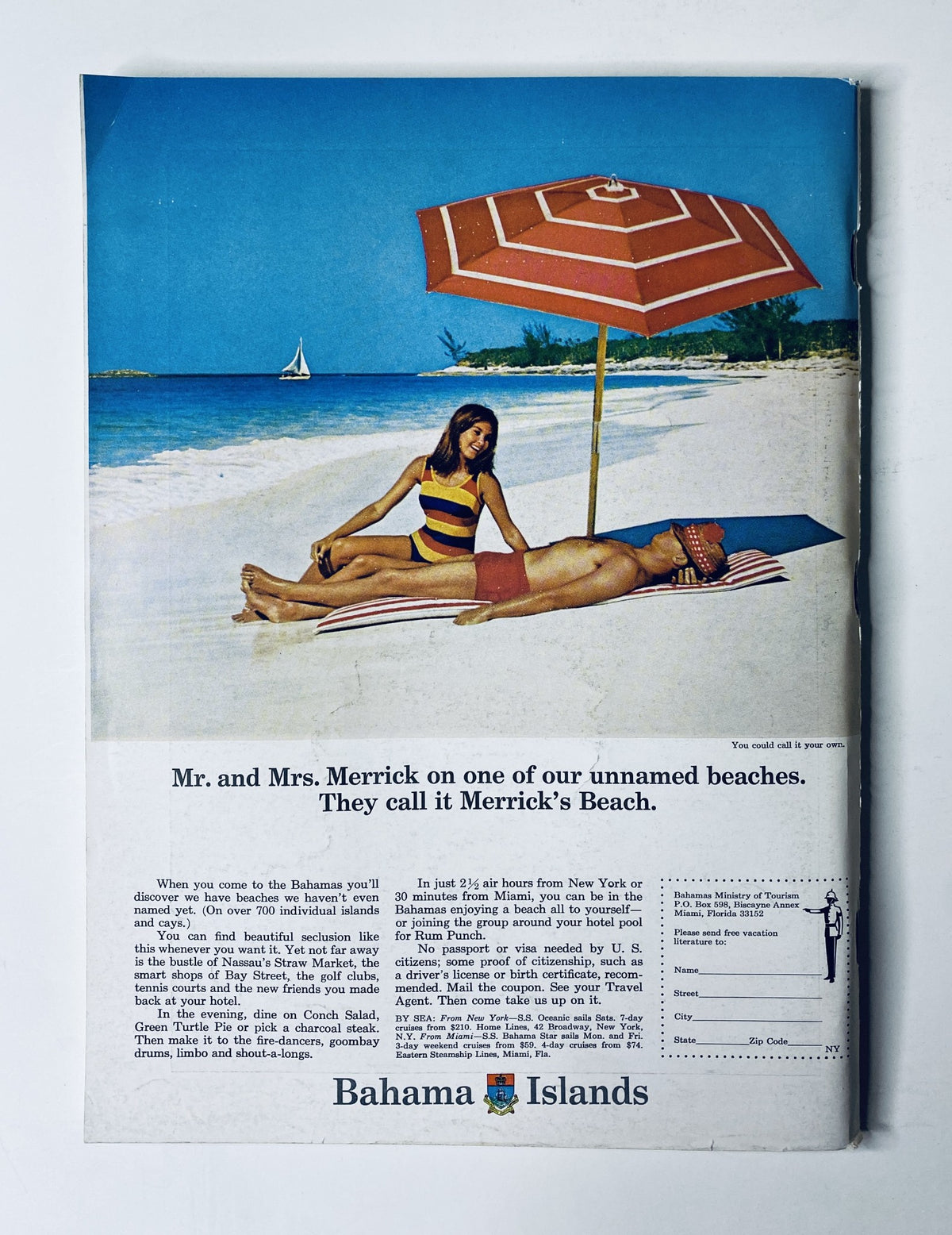 Advertisement for the Bahamas showcasing a tropical beach scene with a woman in a swimsuit lounging beside a man, under an umbrella. The ad promotes Mr. and Mrs. Merrick's Beach, complementing the title 'The New Yorker Magazine November 26, 1966 Cartoon Dog Cover Charles Martin VG'.
