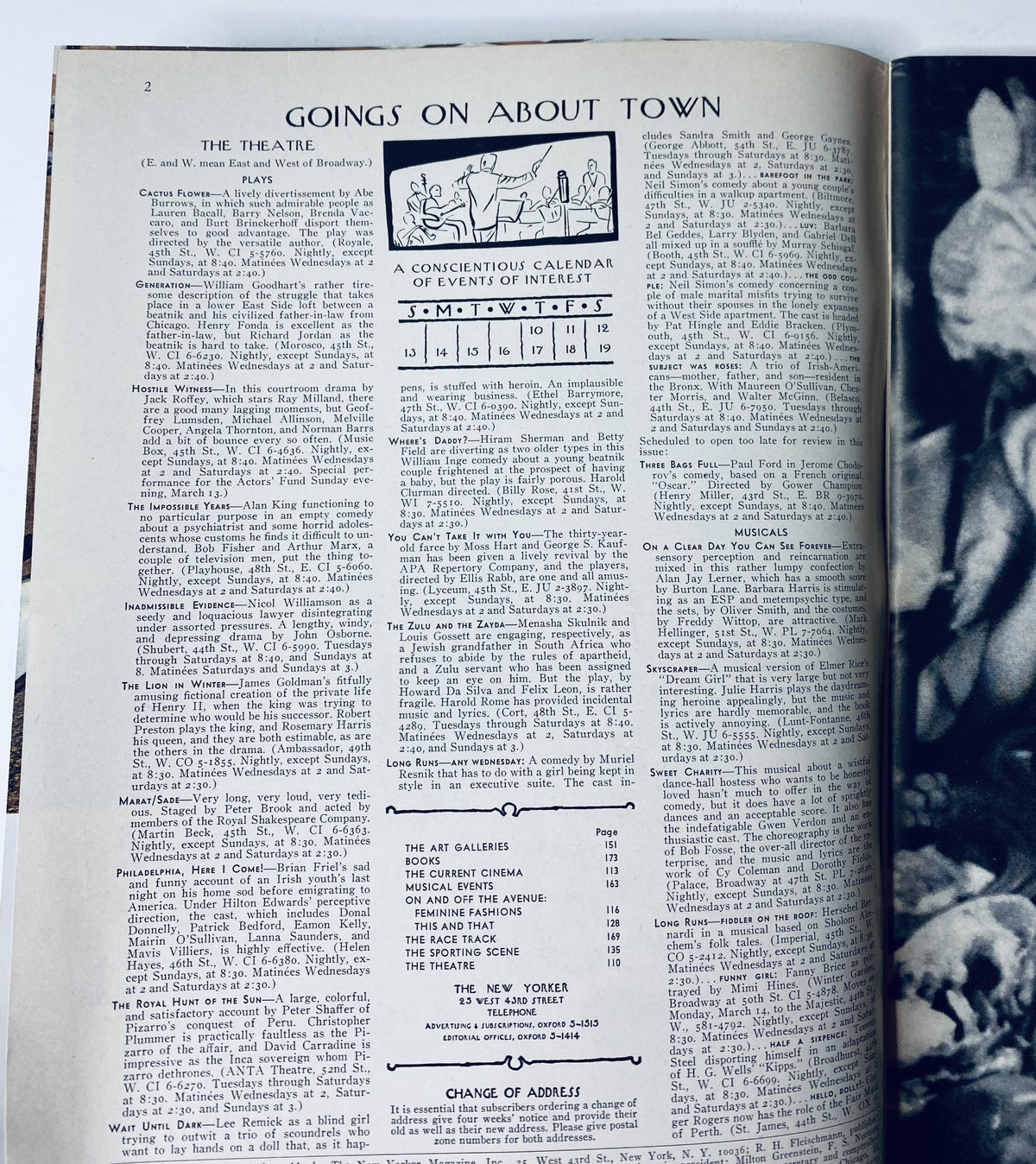 Interior page of The New Yorker Magazine March 12, 1966, showcasing the 'Goings On About Town' section with a calendar of events.