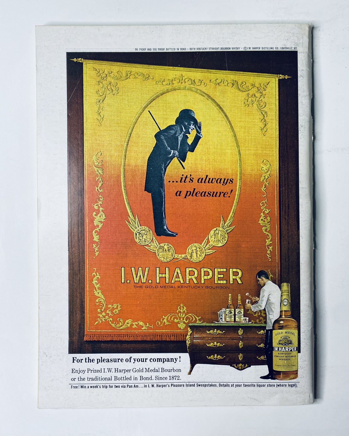 Back cover of The New Yorker Magazine March 12, 1966, advertising I.W. Harper Bourbon with an elegant design and vintage artwork.