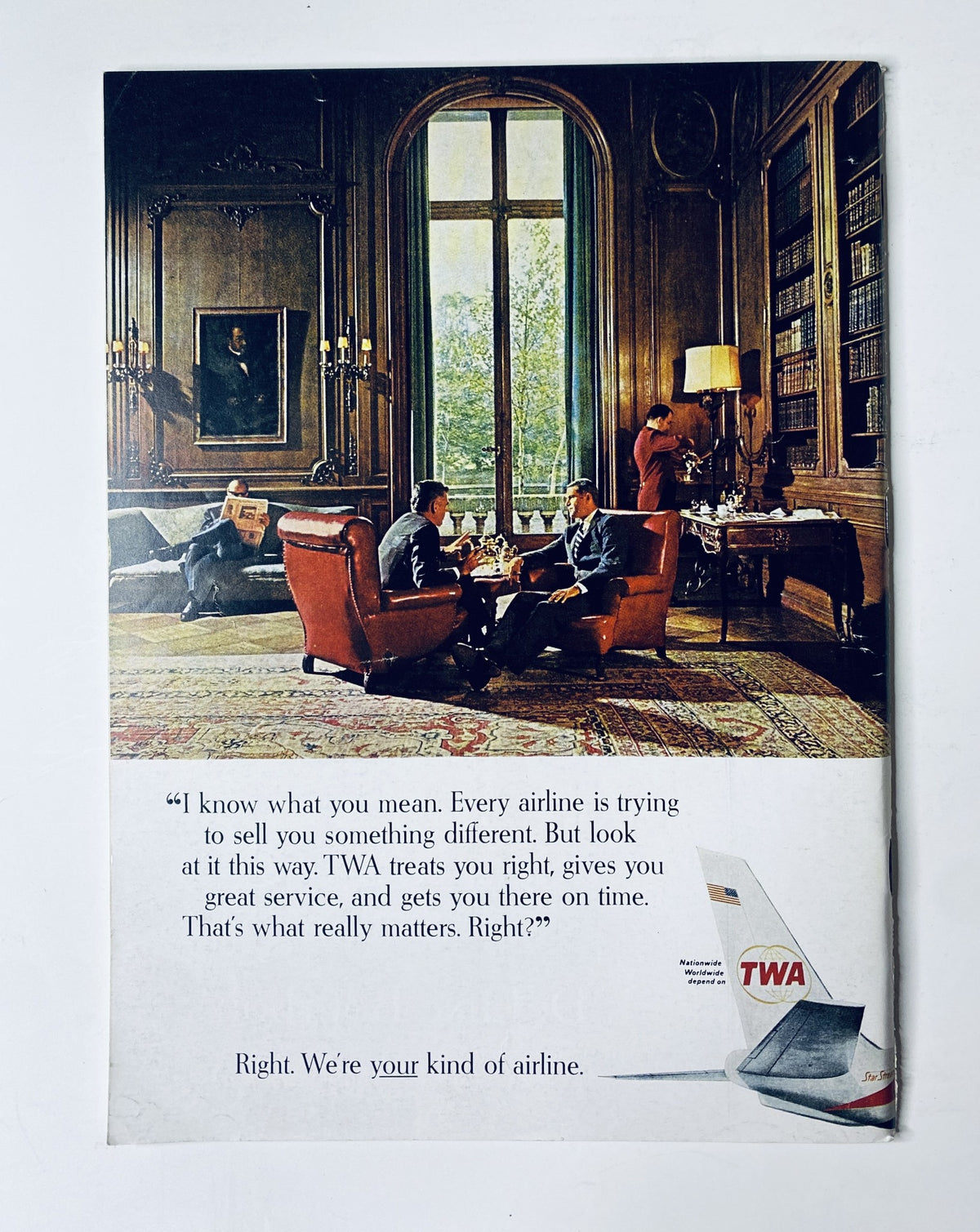 An advertisement from The New Yorker Magazine January 29, 1966 for TWA, depicting two men discussing airline service in an elegant indoor setting.