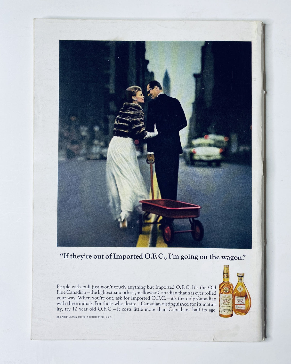Back cover of The New Yorker Magazine April 30, 1966 with a vintage advertisement showcasing a couple with a red wagon, promoting Imported O.F.C.